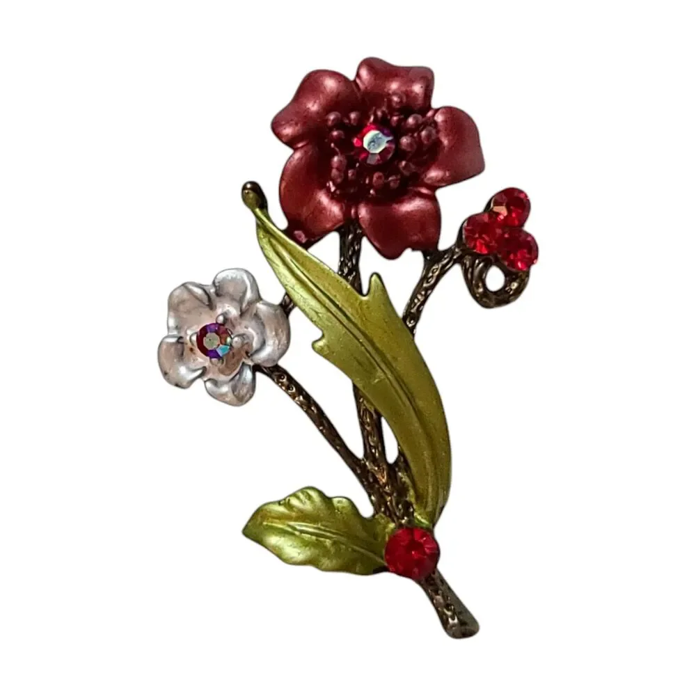 Vintage Metal Enamel AB Rhinestones Flower Bouquet Brooch Pin Spring